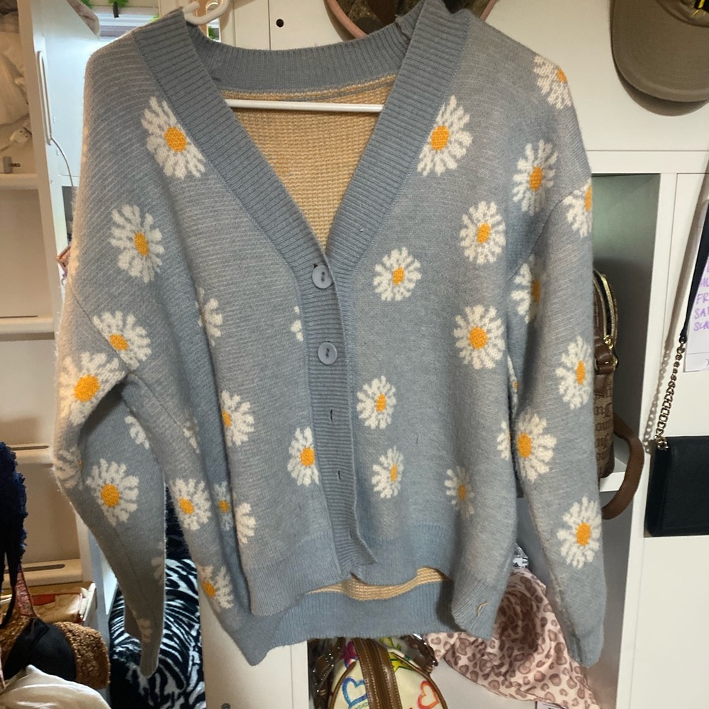 Light Blue Daisy Button Up Sweater